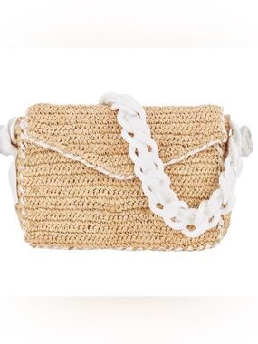 Pamela Munson Woven Straw Clutch with White Resin Chain Strap